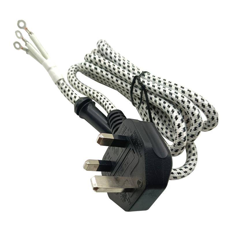 British Standard Three Pin AC Power Plugs Cable with Textile Fabric Braided Wire